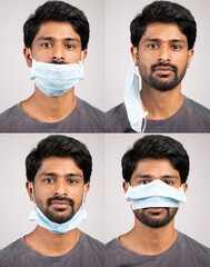 Wall Mural - Collage of young man in improperly using surgical face masks - Awareness, safety concept to ware mask properly, to protect from coronavirus or covid-19 outbreak