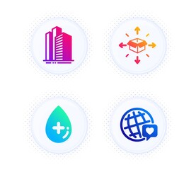 Poster - Skyscraper buildings, Oil serum and Parcel delivery icons simple set. Button with halftone dots. World brand sign. Town architecture, Cosmetic care, Logistics service. Love. Business set. Vector