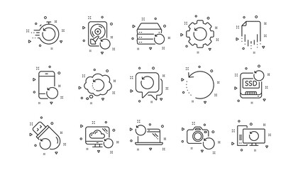 Aufkleber - Backup, Restore data and recover file. Recovery line icons. Laptop renew, drive repair and phone recovery icons. Linear set. Geometric elements. Quality signs set. Vector
