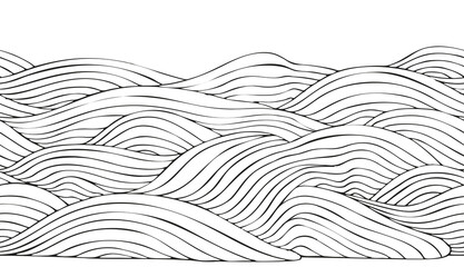 Ocean Waves horizontal seamless pattern. Coloring book page for adult and children. Hand-drawn, Black and white Sea Waves. Doodle, vector design element.