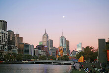 Melbourne City At Sunset With River Foreground