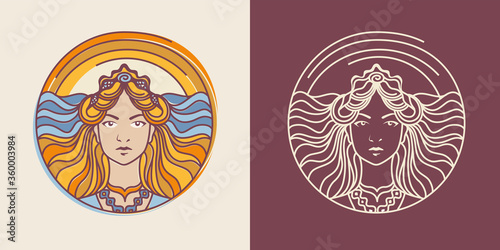 Cuadros en Lienzo Young blond woman on the ocean and sunrise background