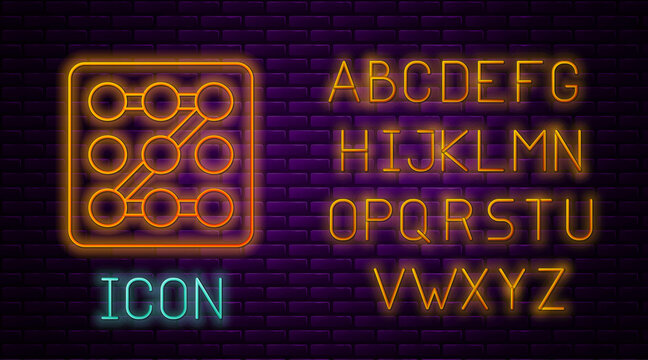 Glowing neon line Graphic password protection and safety access icon isolated on brick wall background. Security, safety, protection, privacy concept. Neon light alphabet. Vector