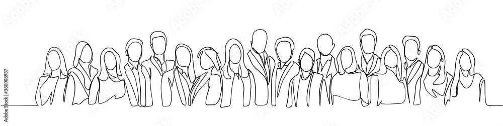 Group of people continuous one line vector drawing. Family, friends hand drawn characters. Crowd standing at concert, meeting. Women and men waiting in queue. Minimalistic contour illustration - obrazy, fototapety, plakaty 