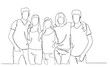 High school class of friends standing together and hugging line vector drawing illustration. Group of friends cuddling each other. concept of friendship and emotional support.