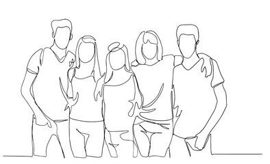 Wall Mural - High school class of friends standing together and hugging line vector drawing illustration. Group of friends cuddling each other. concept of friendship and emotional support.