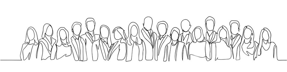 Group of people continuous one line vector drawing. Family, friends hand drawn characters. Crowd standing at concert, meeting. Women and men waiting in queue. Minimalistic contour illustration