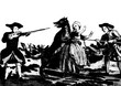 gravure ancienne du XVIII siècle montrant la bête du gévaudan attaquant une jeune fille et attaquée par 2 chasseurs
