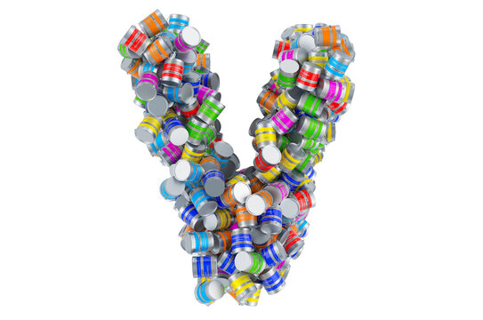 Letter V from colored paint cans, 3D rendering