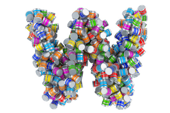 Letter W from colored paint cans, 3D rendering