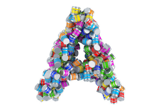 Letter A from colored paint cans, 3D rendering