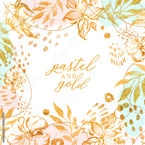 Fotografie, Obraz Pastel and gold hand drawn floral background