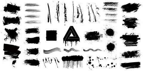 Poster - Very nice collection of black paint. Great elaboration: spray graffiti and stencil template ink brush strokes. Grunge design set for you design. Paint splatter blotches. Vector texture, isolated set