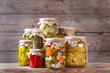 Homemade preserved and fermented food, pickled and marinated vegetables
