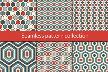 Honeycomb, hexagon seamless pattern collection. Geo design background set. Classic geometric mosaic tiles print kit