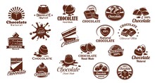 Chocolate Candies And Sweets Vector Icons Set. Chocolate Bar And Candy Symbols, Cocoa Cake Or Cheesecake. Natural, Handmade Sweets And Desserts, Pastry Shop Or Confectionery Brown Icons