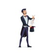 Big Top Circus magician cartoon vector character. Performing stage magician in tailcoat, pulling rabbit or bunny from top hat. Circus or marquee illusionist showing classic hat-trick with animal