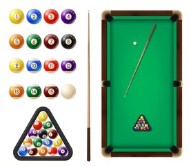 Wall Mural - Billiard balls and table. Cue sports, snooker club equipment. Billiards cues, colored balls with digits in row and in triangular rack, covered green cloth pool table top view, 3d realistic vector