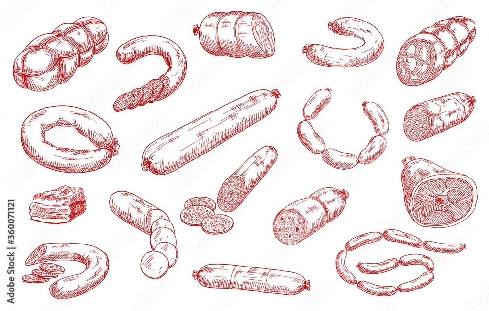 Sausages and meat products vector sketch set. Sliced salami, chorizo and pepperoni, bacon piece, hamon and mortadella, bratwurst or frankfurter sausages. Meat market, butchery, butcher shop products - obrazy, fototapety, plakaty 