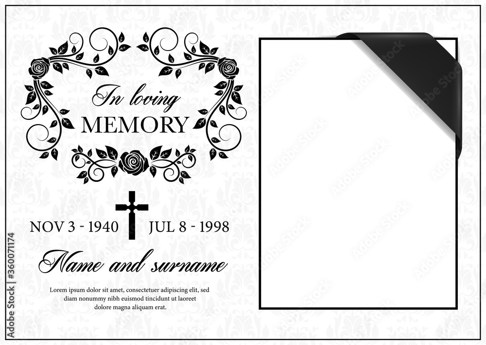 Funeral card vector template, vintage condolence flower ornament with cross, place for photo with black ribbon in corner, name, birth and death dates. Obituary memorial, gravestone funeral card - obrazy, fototapety, plakaty 