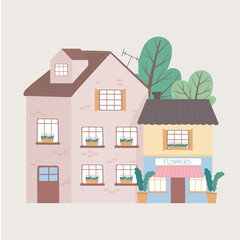 Sticker - residential house and commercial building facade exterior cartoon design