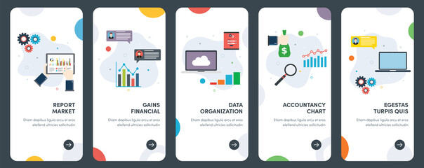 Set of concept flat design icons of report, market, accountancy, gains and financial. UX, UI vector template kit for web design, applications, mobile interface, infographics and print design.