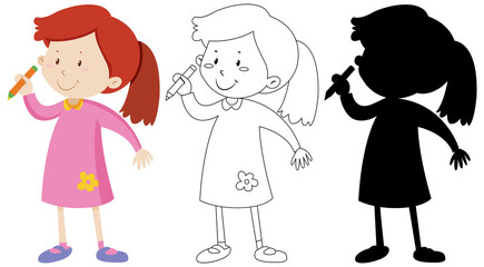 Sticker - Set of girl holding pencil with its outline and silhouette