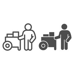 Poster - Person with street cart line and solid icon, Street food concept, Hot dog shop and salesman sign on white background, Street seller with stall icon in outline style for mobile, web. Vector graphics.