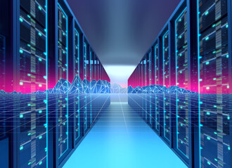 Wall Mural - Corridor of  server room with server racks in datacenter. 3d illustration