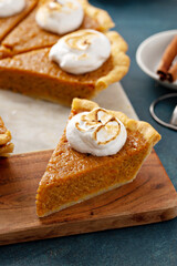 Sweet potato pie slice with marshmallow fluff topping