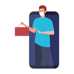 Wall Mural - shopping online on website or mobile, man wearing medical mask against covid 19 with sign hanging in