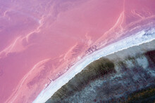 Shooting From Air To Pink Salt Lake With Amazing Patterns On The Water