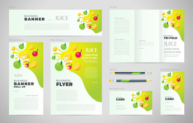 Wall Mural - Juice fruit drops liquid  green apple element Set flyer cover, tri-fold, banner, roll up banner, business card.