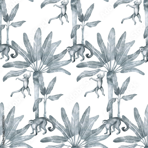 Watercolor Seamless Pattern With Tropical Monkey And Palm Trees Banana Palm Capuchin Gently Silver Background With Wildlife Jungle Elements Aesthetic Vintage Wallpaper Wrapping Buy This Stock Illustration And Explore Similar Illustrations