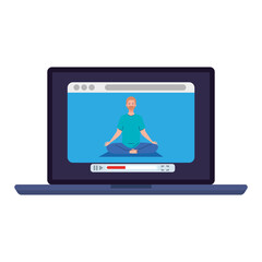 Canvas Print - online, yoga concept, man practices yoga and meditation, watching a broadcast on a laptop computer