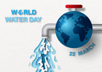 Poster - World water day with blue earth in water tap design and paper cut style on white paper pattern background.