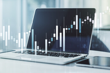 Multi exposure of abstract creative financial graph on modern computer background, forex and investment concept