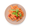 © Pixel-Shot - Plate with tasty pasta and tomato sauce on white background