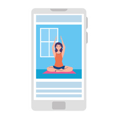 Wall Mural - online, yoga concept, woman practices yoga and meditation, watching a broadcast on a smartphone