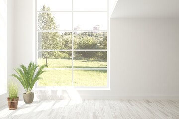 White empty room with summer landscape in window. Scandinavian interior design. 3D illustration