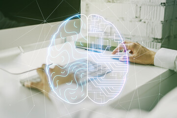 Poster - Creative artificial Intelligence concept with human brain hologram and hands typing on laptop on background. Multiexposure