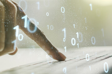 Poster - Creative abstract binary code sketch and hands typing on computer keyboard on background, hacking and matrix concept. Multiexposure
