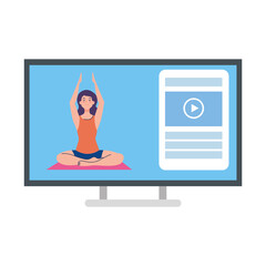 Wall Mural - online, yoga concept, woman practices yoga and meditation, watching a broadcast on a computer