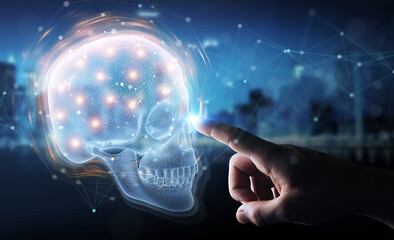 Poster - Man hand using digital x-ray skull holographic scan projection 3D rendering
