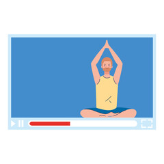 Wall Mural - online, yoga concept, man practices yoga and meditation, watching a broadcast on a web page