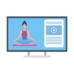 Wall Mural - online, yoga concept, woman practices yoga and meditation, watching a broadcast on a computer