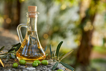 Wall Mural - olive oil and green olives outdoor