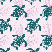 Seamless Pattern With Sea Turtle And Algae.