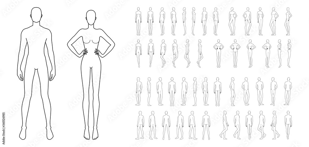 Fashion template of 50 men and women. 9 head size for technical drawing. Gentlemen and lady figure front, side, 3-4 and back view. Vector outline boy and girl for fashion sketching and illustration. - obrazy, fototapety, plakaty 