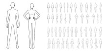 Fashion Template Of 50 Men And Women. 9 Head Size For Technical Drawing. Gentlemen And Lady Figure Front, Side, 3-4 And Back View. Vector Outline Boy And Girl For Fashion Sketching And Illustration.